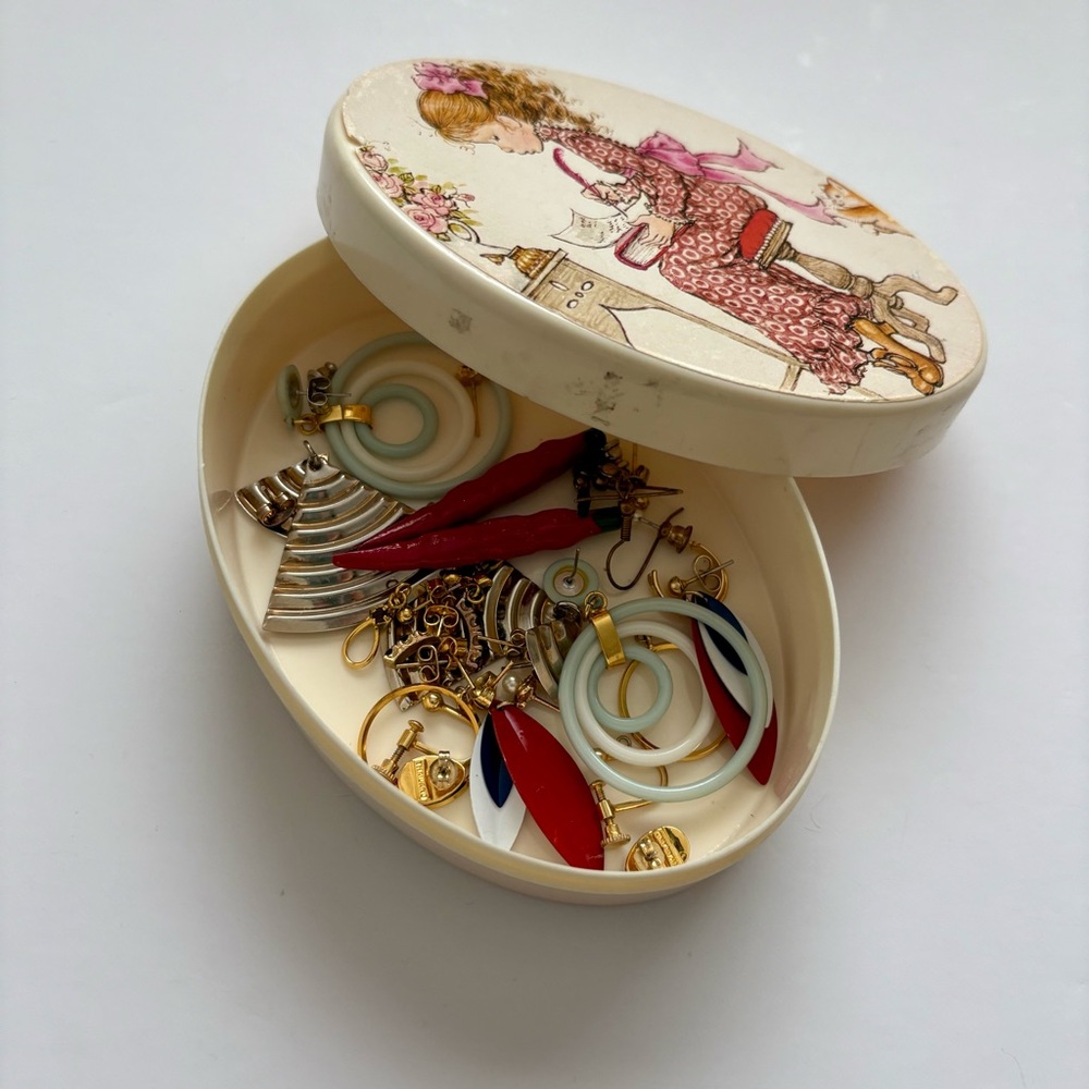Vintage Junk Jewelry Box with Assorted Earrings